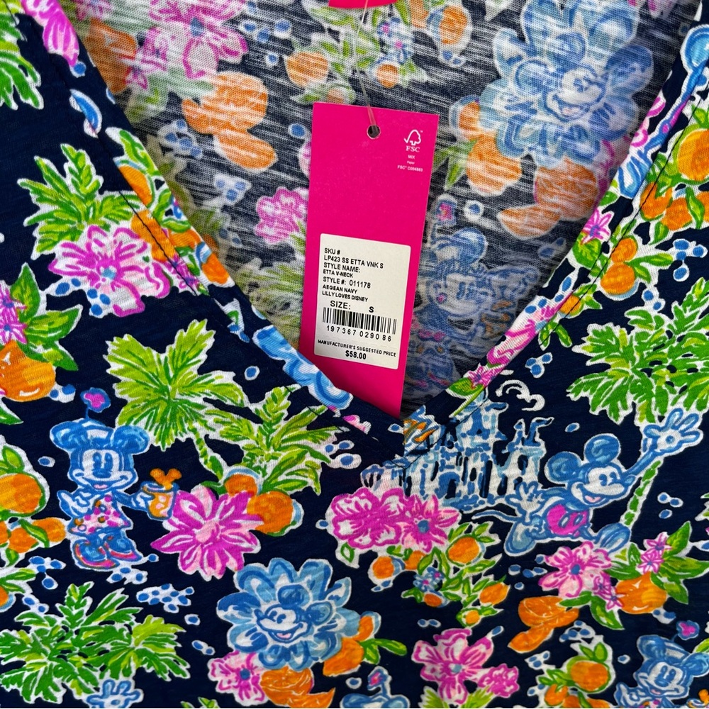 Disney Lilly Pulitzer Etta v-neck Blue Short Sleeve Shirt Mickey Mouse design. - Picture 4 of 4